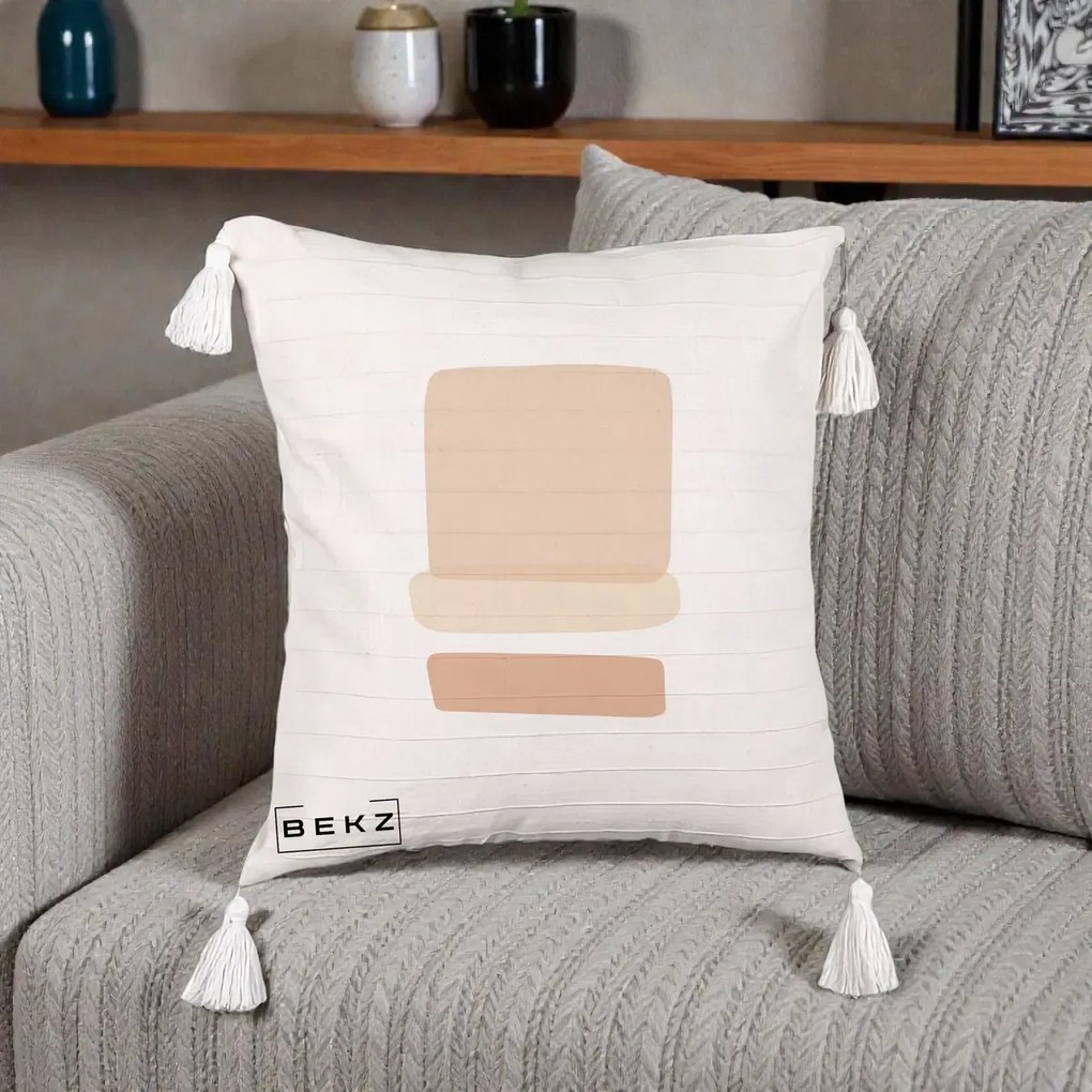 Perna Decorativa Abstract Forme Bej Poudre, 40x40 cm, Bej cu Franjuri, Husa Detasabila, Perna Inclusa, BEKZ®