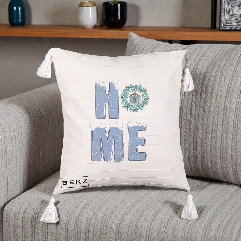 Perna Decorativa HOME Iarna cu Coroana, 40x40 cm, Bej cu Franjuri, Husa Detasabila, Perna Inclusa, BEKZ®