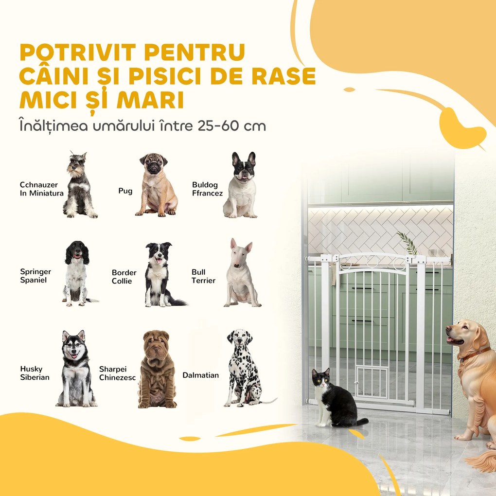 PawHut Barieră de Siguranță Interioară pentru Câini cu 2 Extensii și Ușă pentru Pisici, 76-104x77 cm, Alb | Aosom Romania