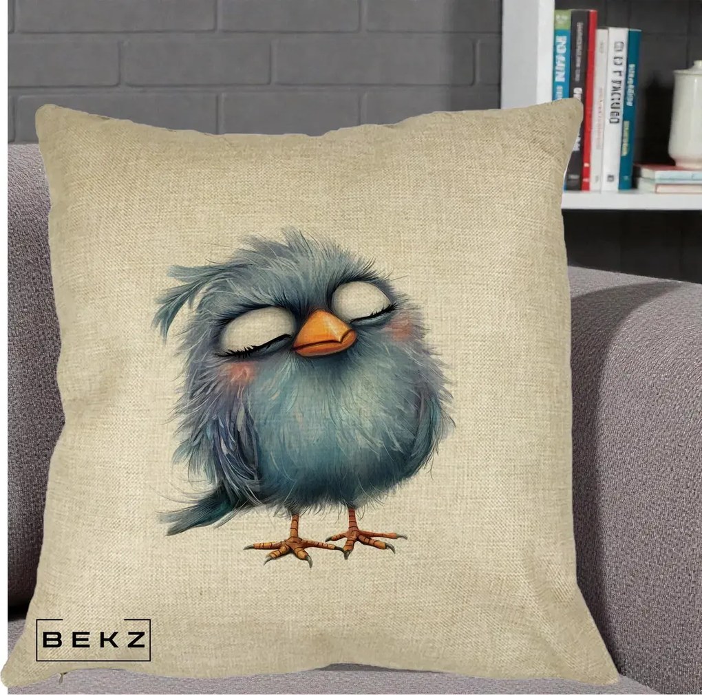 Perna Decorativa Pui Pufos Albastru Adormit, 40x40 cm, Crem, Husa Detasabila, Perna Inclusa, BEKZ®