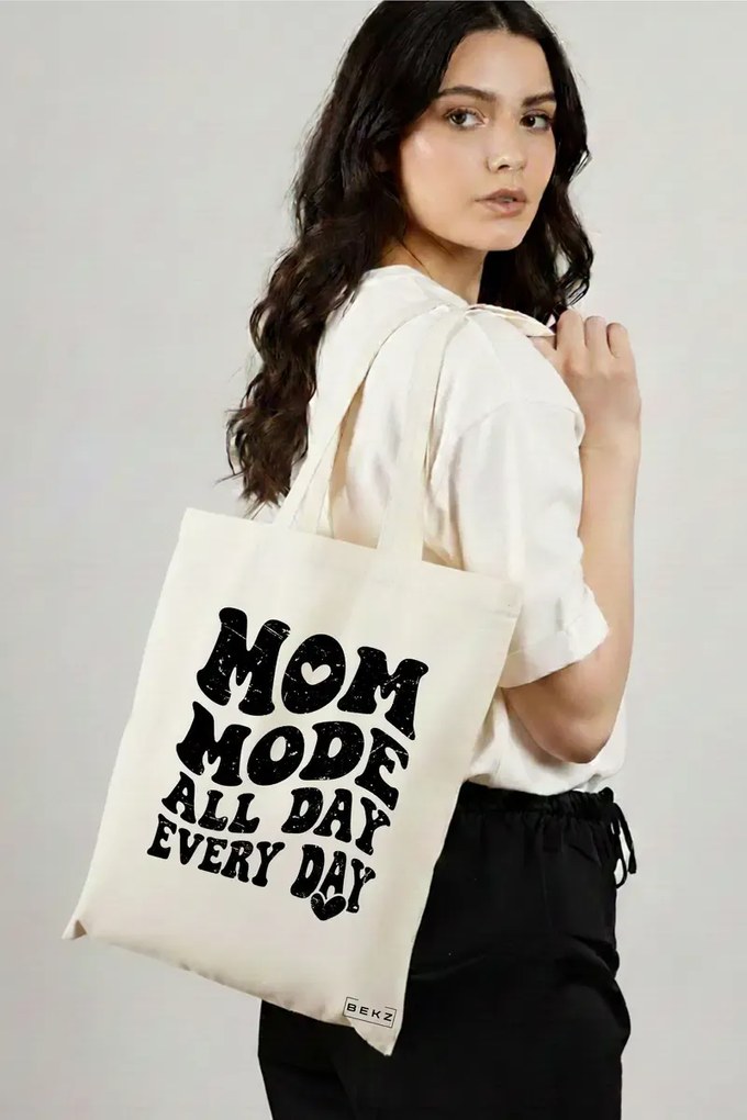 Sacosa de Panza pentru Cumparaturi, Geanta Tote, model Mom mode all day every day 38 x 34.5 cm, Alba, BEKZ®