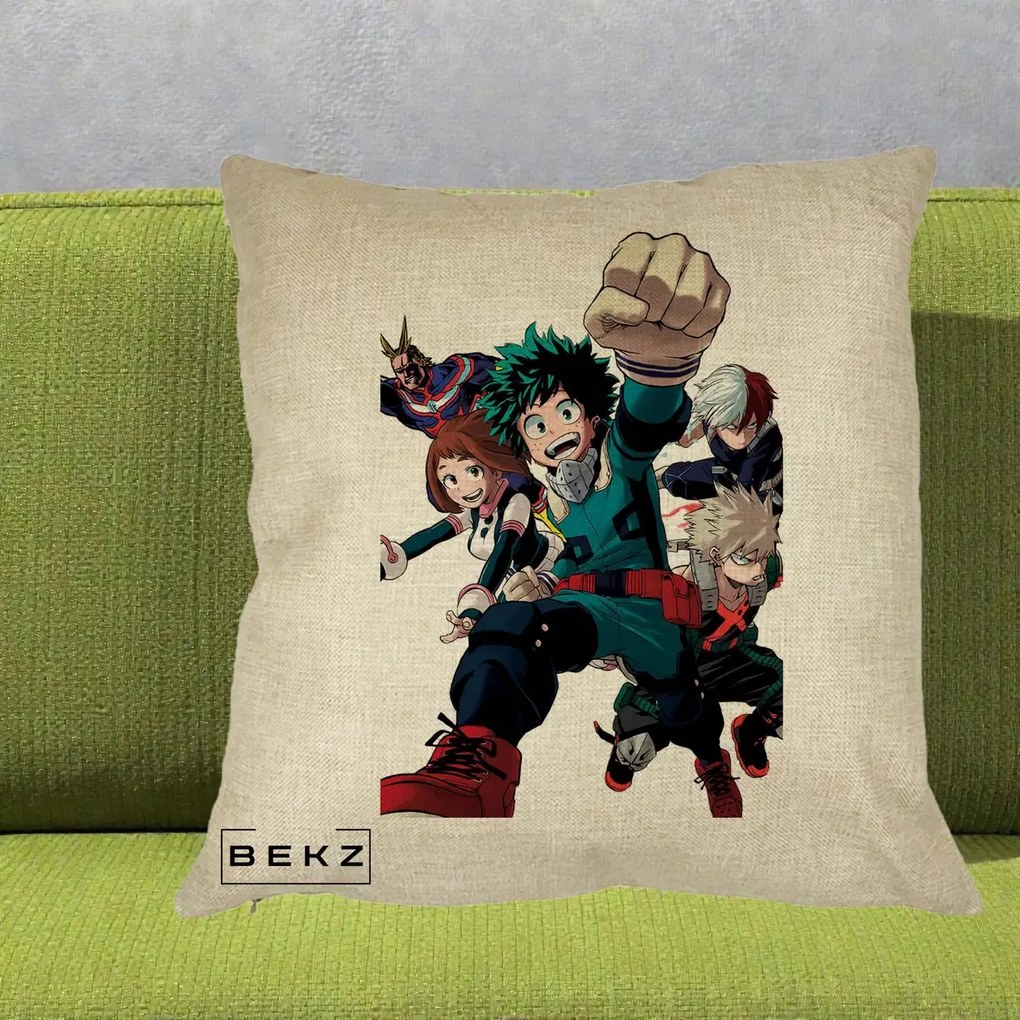 Perna Personalizata My Hero Academia Izuku Deku si Echipa, 40x40 cm, Crem, Husa Detasabila, Perna Inclusa, BEKZ®