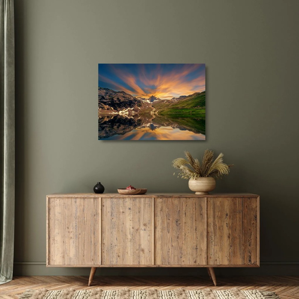 Tablou pe sticlă - Oglindirea în lacul montan (70x50 cm)
