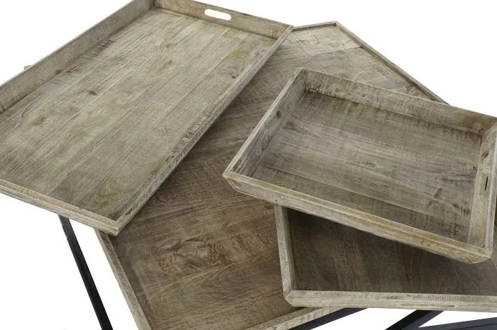 Măsuță de cafea pătrată din lemn și metal, natur și negru, cu 3 tăvi detașabile și bază în X, 55 x 120 x 120 cm, „Traywood” – Ethnic Collections