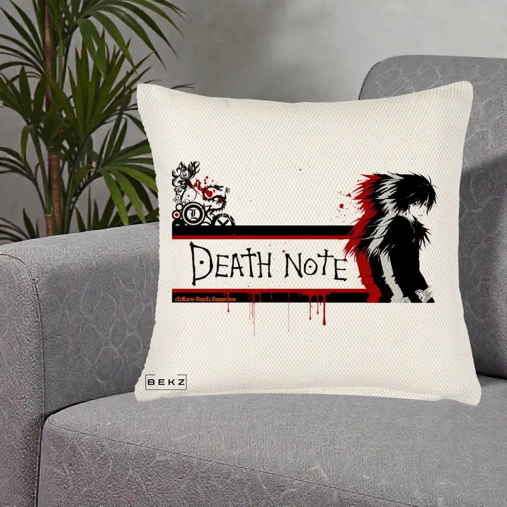 Perna Personalizata Death Note L Lawliet Rosu-Negru, 40x40 cm, Crem Reliefat, Husa Detasabila, Perna Inclusa, BEKZ®