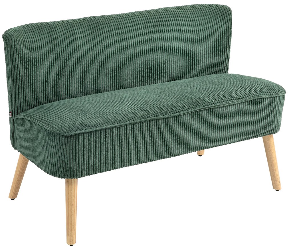HOMCOM Canapea de 2 locuri tapițată, lemn, material textil cu aspect de catifea, spumă, 117 x 56,5 x 77 cm, Verde | Aosom Romania