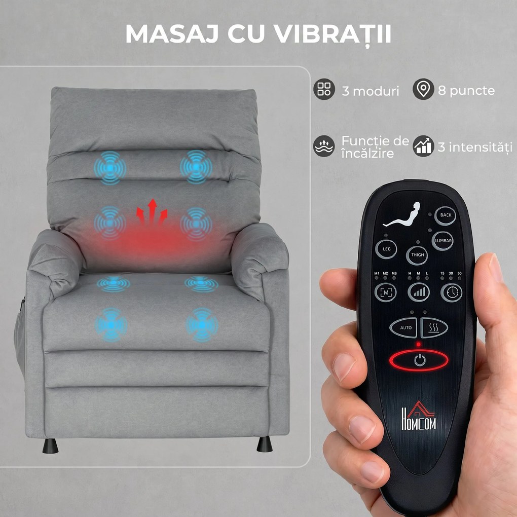 HOMCOM Fotoliu Relaxant Electric de Masaj și Încălzire cu Suport pentru Picioare, Silențios, Reclinabil 150° în Catifea Prietenoasă cu Animalele cu Funcție de Memorare, 2 Telecomenzi pentru Sufragerie, Gri | Aosom Romania