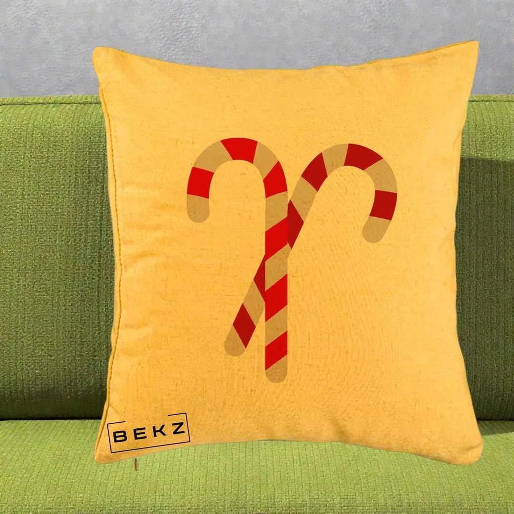 Perna Decorativa Candy Cane de Craciun, 40x40 cm, Galben, Husa Detasabila, Perna Inclusa, BEKZ®