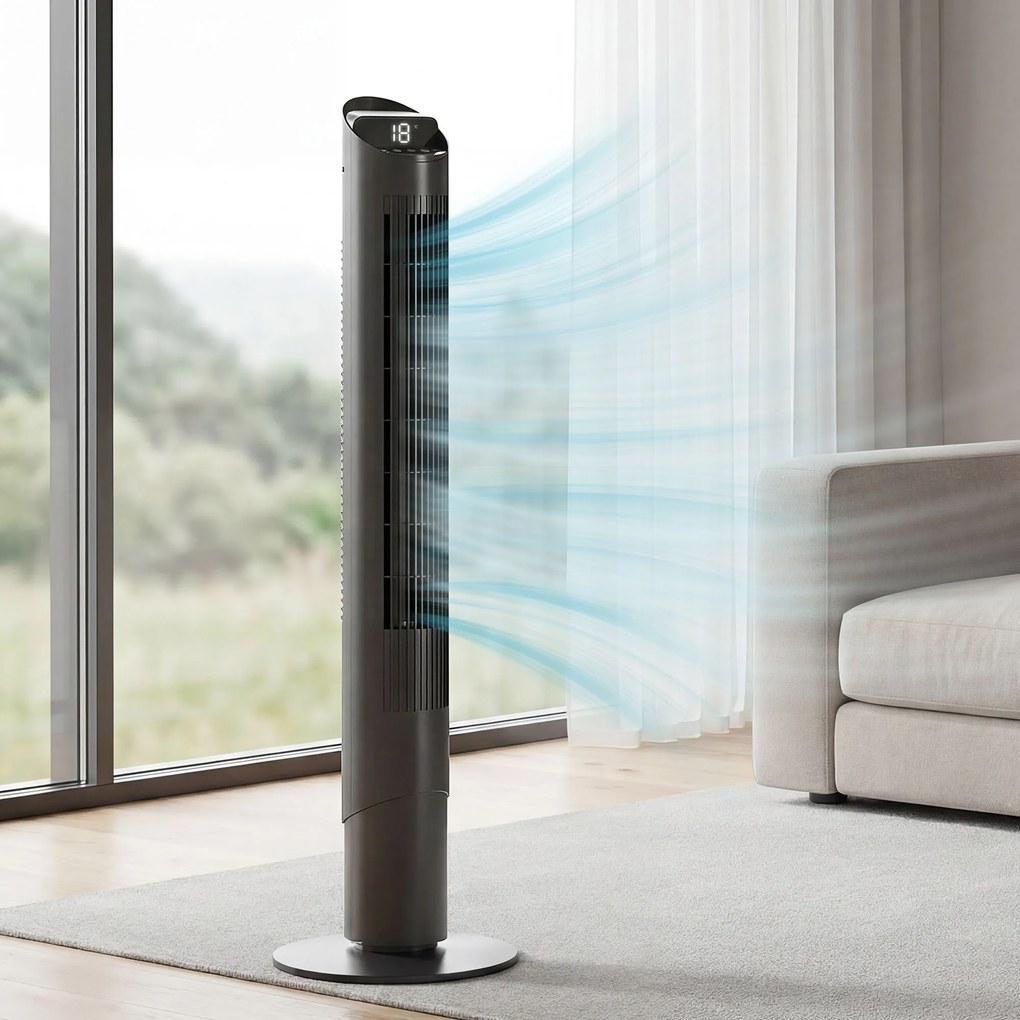 HOMCOM Ventilator de Coloană 116 cm, ventilator WiFi cu aplicație de control, dormitor, culoare neagră | Aosom Romania