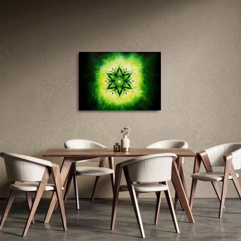Tablou pe sticlă - Mandala de flori, fundal verde (70x50 cm)