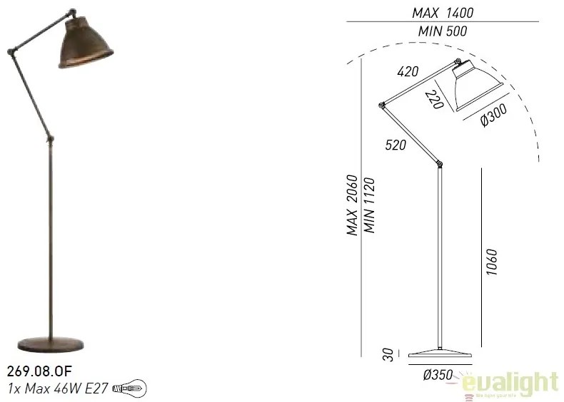 Lampadar, lampa de podea Vintage, Industrial Style cu brat articulat, Loft 269.08.OF