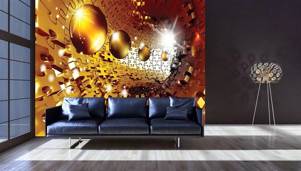 Fototapet - 3D puzzle tunel cu bile aurii (254x184 cm)