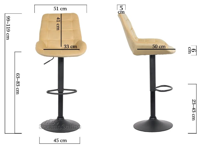 Scaun de bar crem ABS 145 din catifea cu bază metalică reglabilă