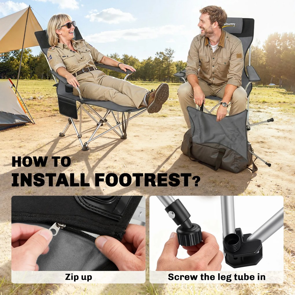 Outsunny Set de 2 Scaune de Camping Pliabile cu Suport pentru Picioare Detașabil, 82x100x88 cm, Negru | Aosom Romania