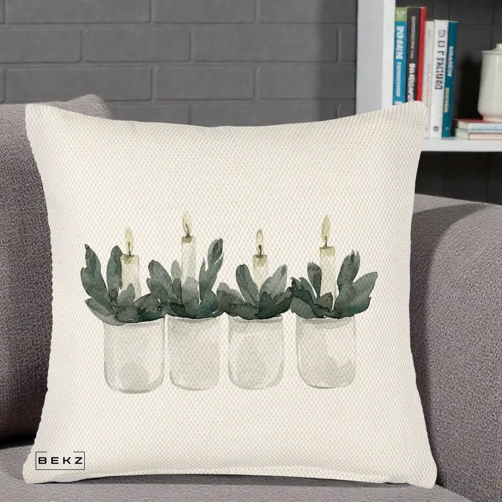 Perna Decorativa Lumanari in Borcane cu Eucalipt, 40x40 cm, Crem Reliefat, Husa Detasabila, Perna Inclusa, BEKZ®