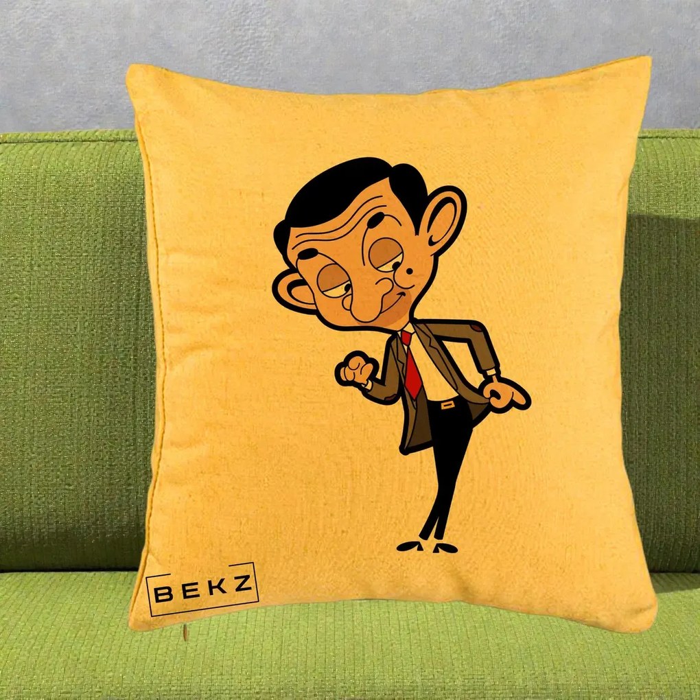 Perna Personalizata Mr. Bean Caricatura, 40x40 cm, Galben, Husa Detasabila, Perna Inclusa, BEKZ®