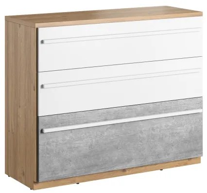 Comoda Piano Cu 3 Sertare, Stejar Nash, Alb Si Beton, 110 Cm