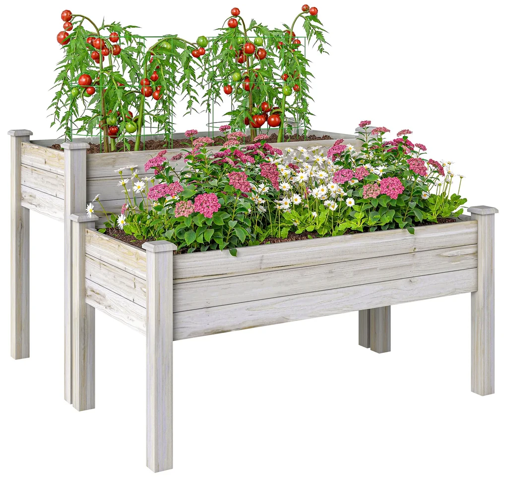 Outsunny Jardiniera Exterior Lemn Brad 2 Niveluri, Design