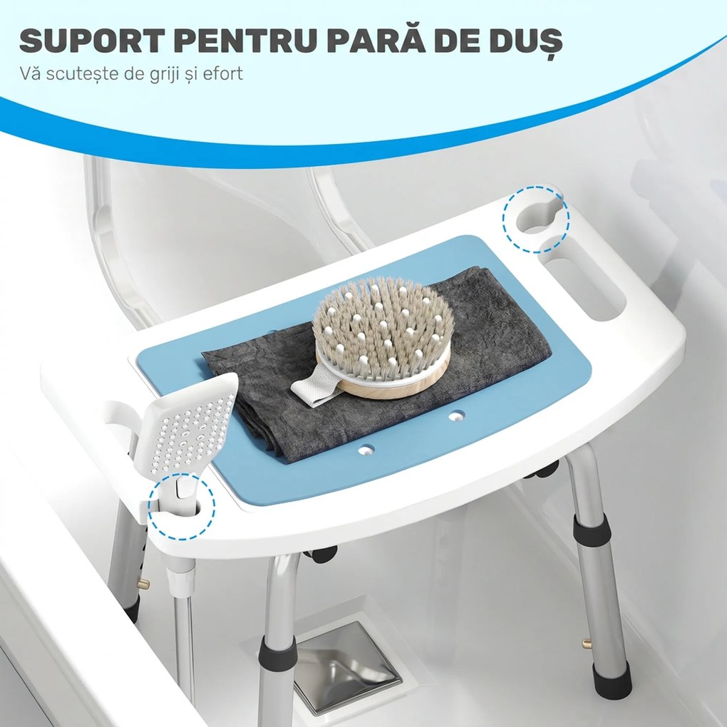 HOMCOM Scaun de Duș din Aluminiu și EVA, Reglabil pe 6 Niveluri, cu Spătar Curbat, 51,5x49,5x68,5-81 cm, Albastru Deschis și Alb | Aosom Romania
