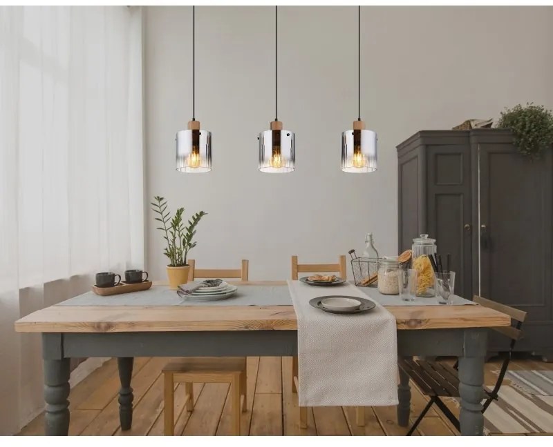 Lustra cu 3 pendule MDF si sticla fumurie UNDERWOOD