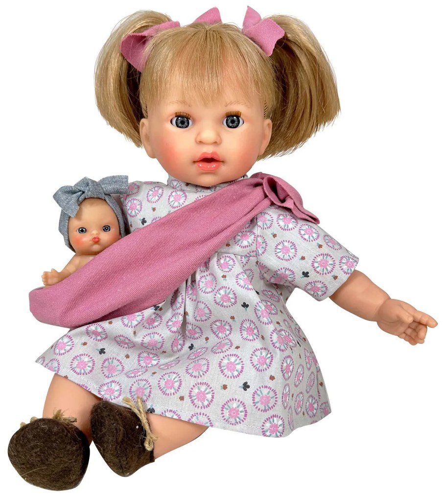Papusa Nines D'Onil, Alex cu bebe, cu sunete, cu parul blond, ambalata in cutie, cu miros de vanilie, 40 cm