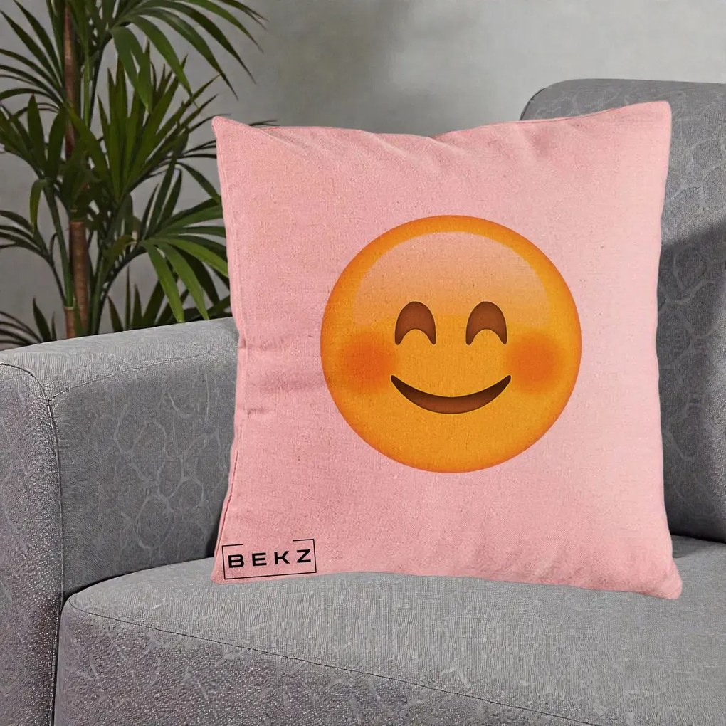 Perna Decorativa Emoji Fericit Roscat, 40x40 cm, Roz, Husa Detasabila, Perna Inclusa, BEKZ®