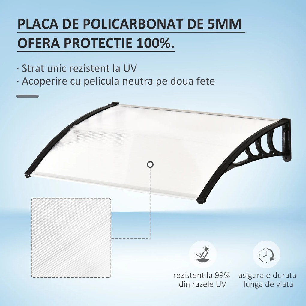 Outsunny Copertină Usa din Policarbonat, Acoperiș pentru Ușă sau Fereastră Impermeabilă Anti-UV, 75x120x23cm, Transparent si negru| Aosom Romania