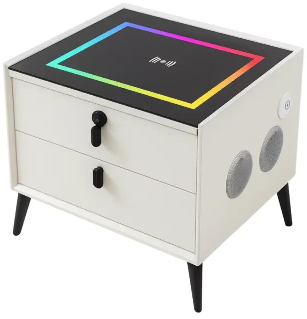 Noptiera inteligenta cu &icirc;ncărcare wireless și iluminare LED &ndash;culoare alb, 2 Sertare de depozitare, difuzor Bluetooth