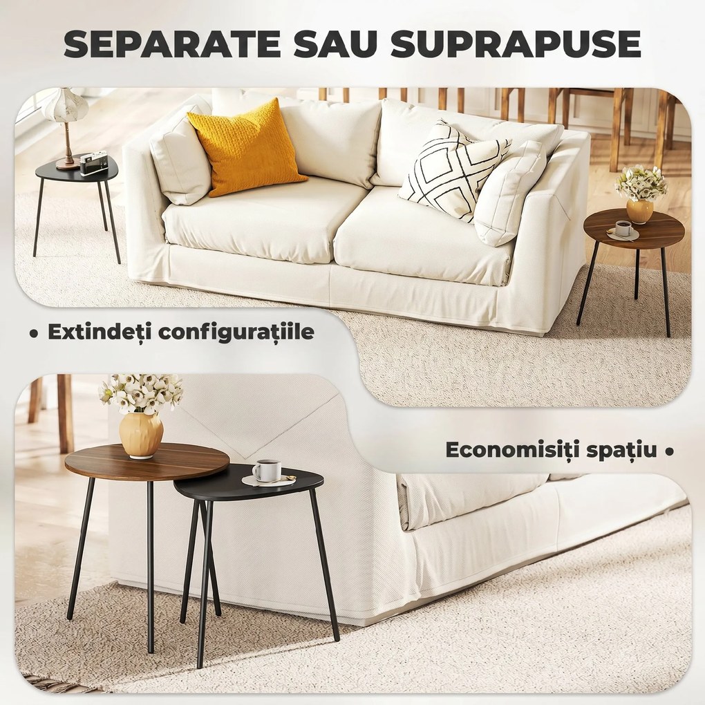 HOMCOM Set 2 Măsuțe de Cafe Suprapunibile cu Cadru din Metal Nuc și Negru | Aosom Romania