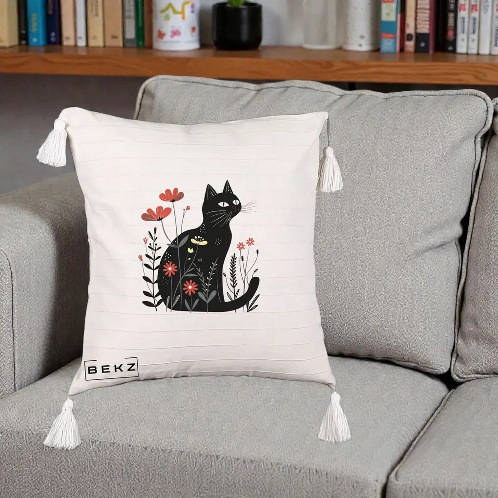 Perna Decorativa Pisica Neagra Flori Rosii Folk, 40x40 cm, Bej cu Franjuri, Husa Detasabila, Perna Inclusa, BEKZ®