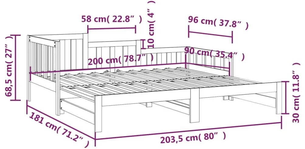 Pat de zi extensibil, maro miere, 2x(90x200) cm, lemn masiv pin maro miere, 90 x 200 cm