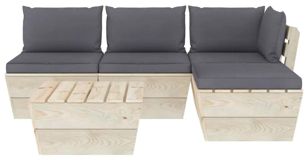 Set mobilier gradina din paleti cu perne, 5 piese, lemn molid Antracit, colt + 2x mijloc + masa + suport pentru picioare, 1
