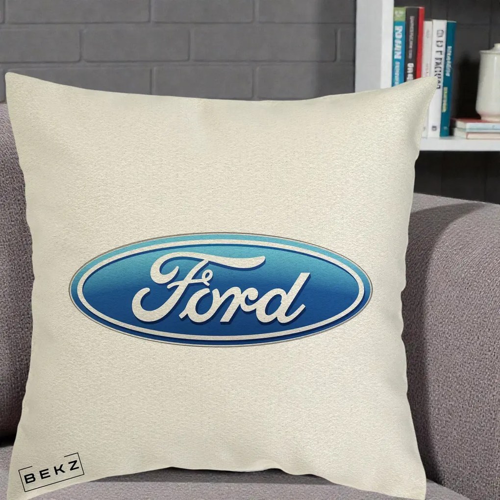 Perna Personalizata cu emblema Ford, 40x40 cm, Ecru, Husa Detasabila, Perna Inclusa, BEKZ®