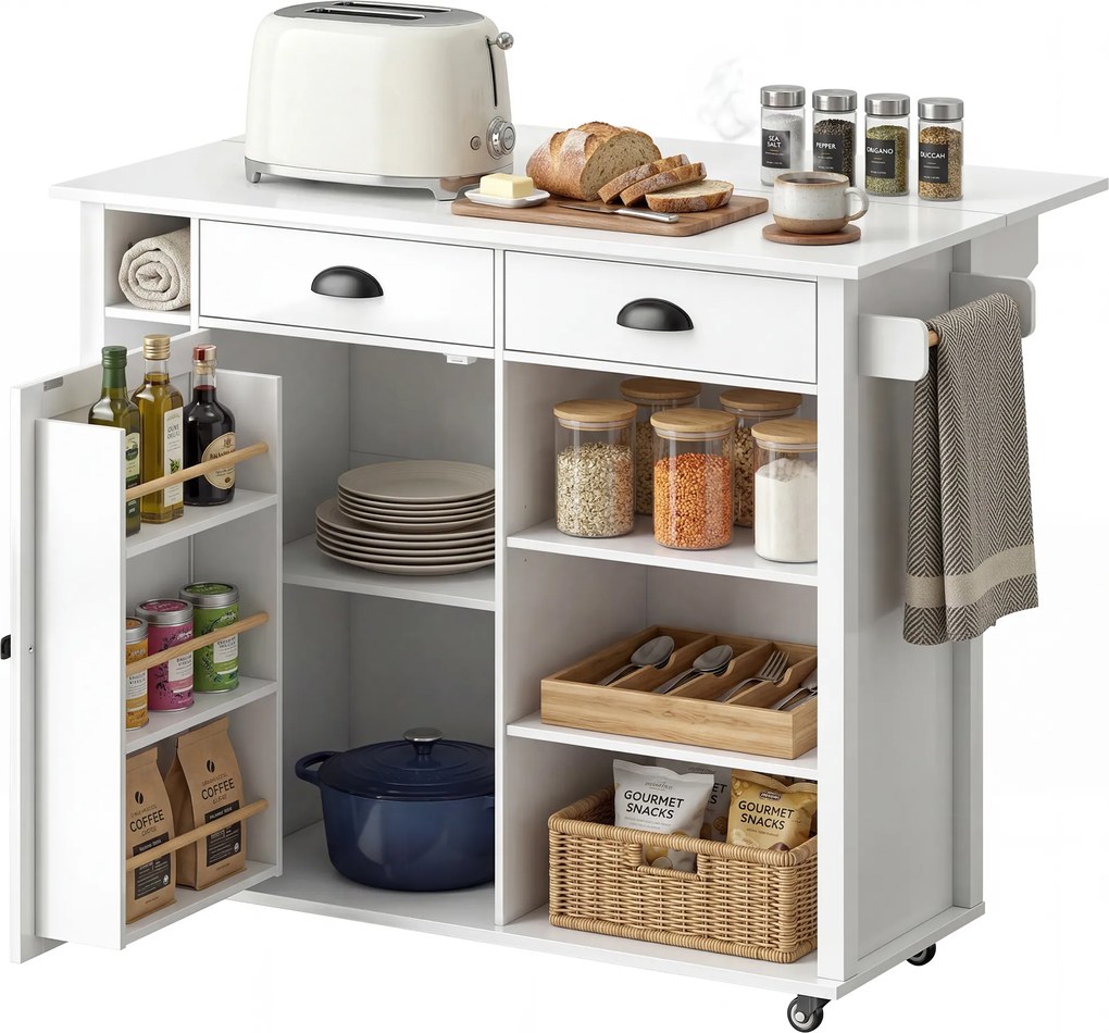 HOMCOM Insulă de Bucătărie cu Roți Blat Rabatabil Suport Condimente Suport Prosoape Dulap 2 Sertare 117,5x70x91 cm Alb | Aosom Romania