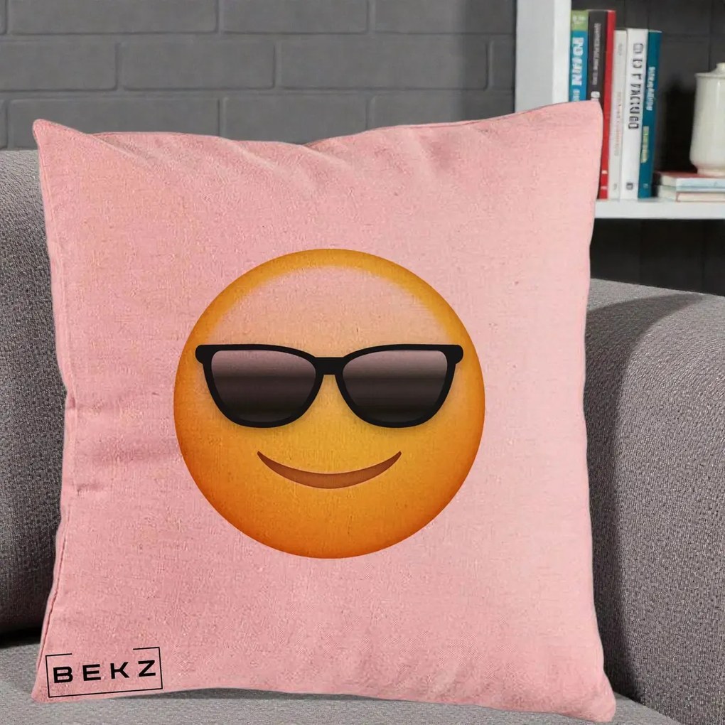 Perna Decorativa Emoji Cool Ochelari, 40x40 cm, Roz, Husa Detasabila, Perna Inclusa, BEKZ®