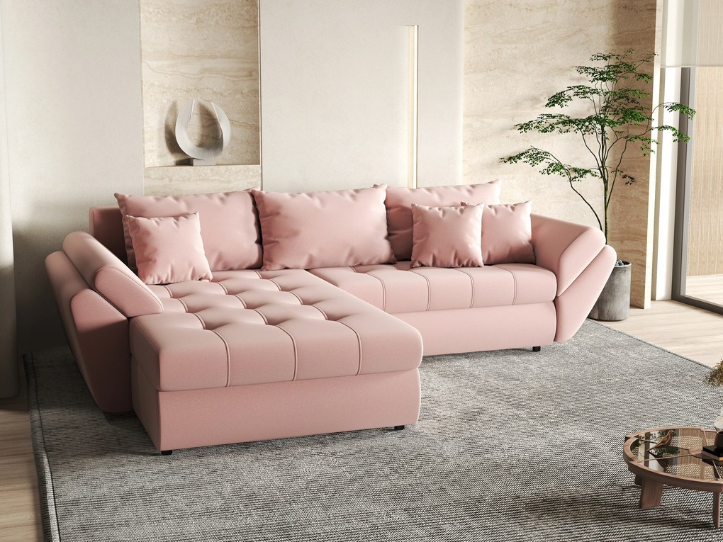 Colțar extensibil dumonde cu ladă de depozitare si sezut confortabil din spuma high-density, Loana Royal Pink 270x185 cm
