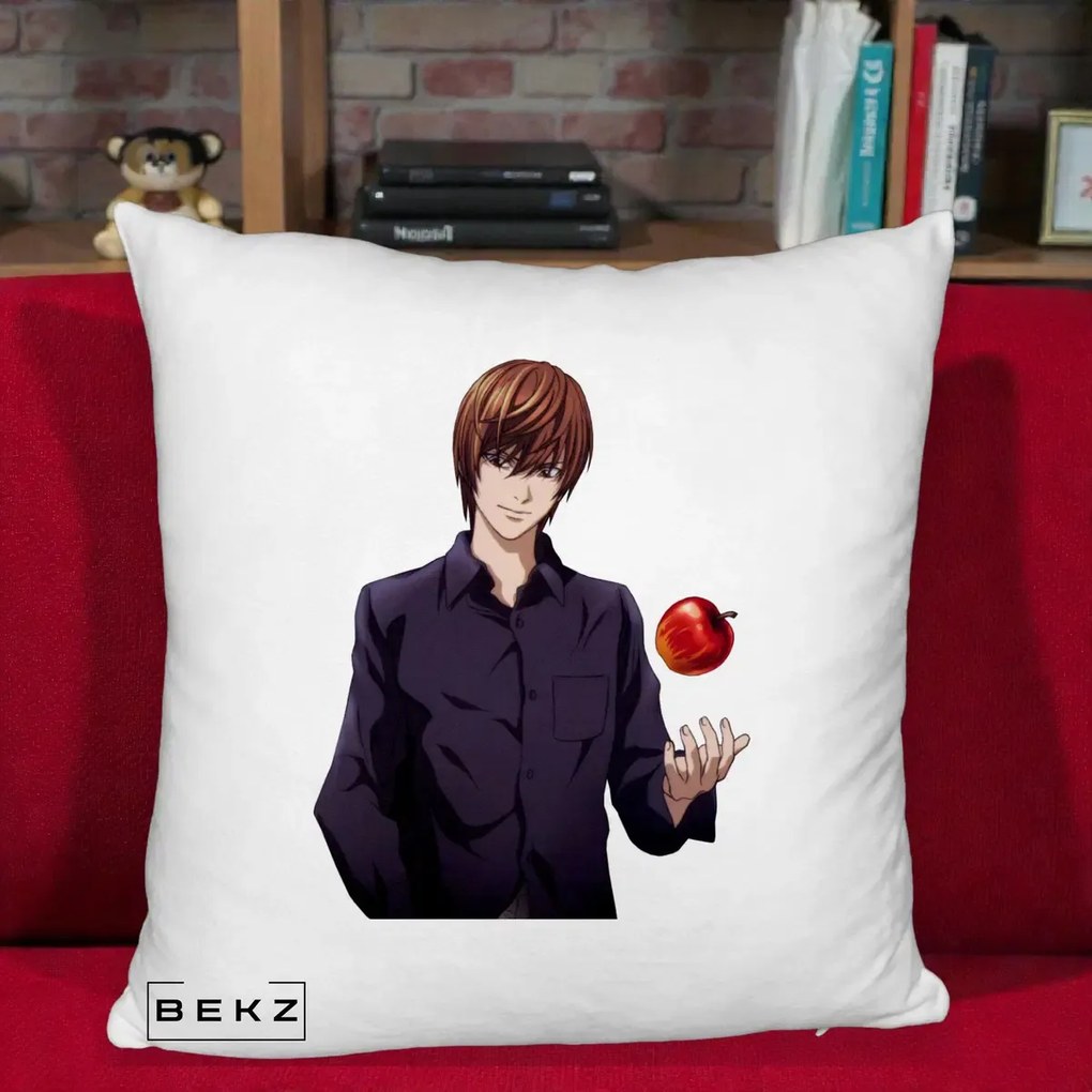 Perna Personalizata Death Note Light Yagami cu Mar, 40x40 cm, Alb Pufos, Husa Detasabila, Perna Inclusa, BEKZ®