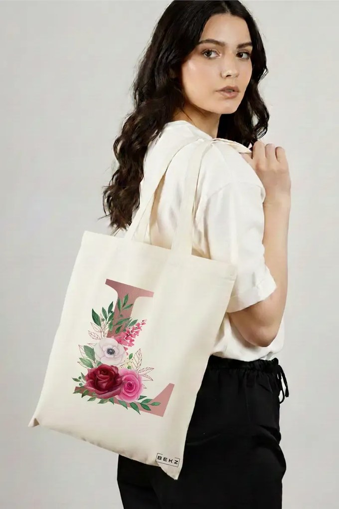Sacosa de Panza pentru Cumparaturi, Geanta Tote, Cu litera L Rose Gold si Trandafiri, 38x34.5 cm, Alba, BEKZ®