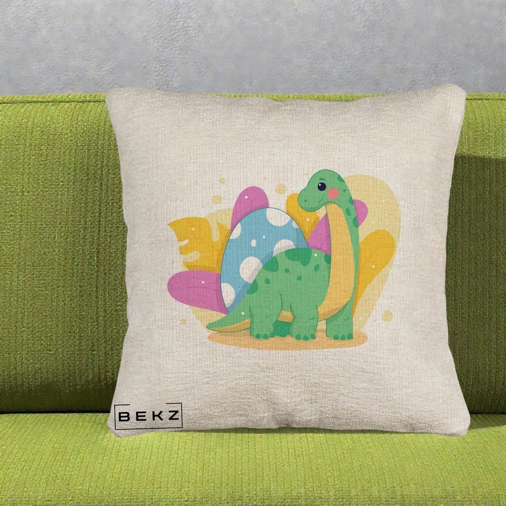 Perna Personalizata Dinozaur cu Ou Pastelat, 40x40 cm, Bej Canapea, Husa Detasabila, Perna Inclusa, BEKZ®