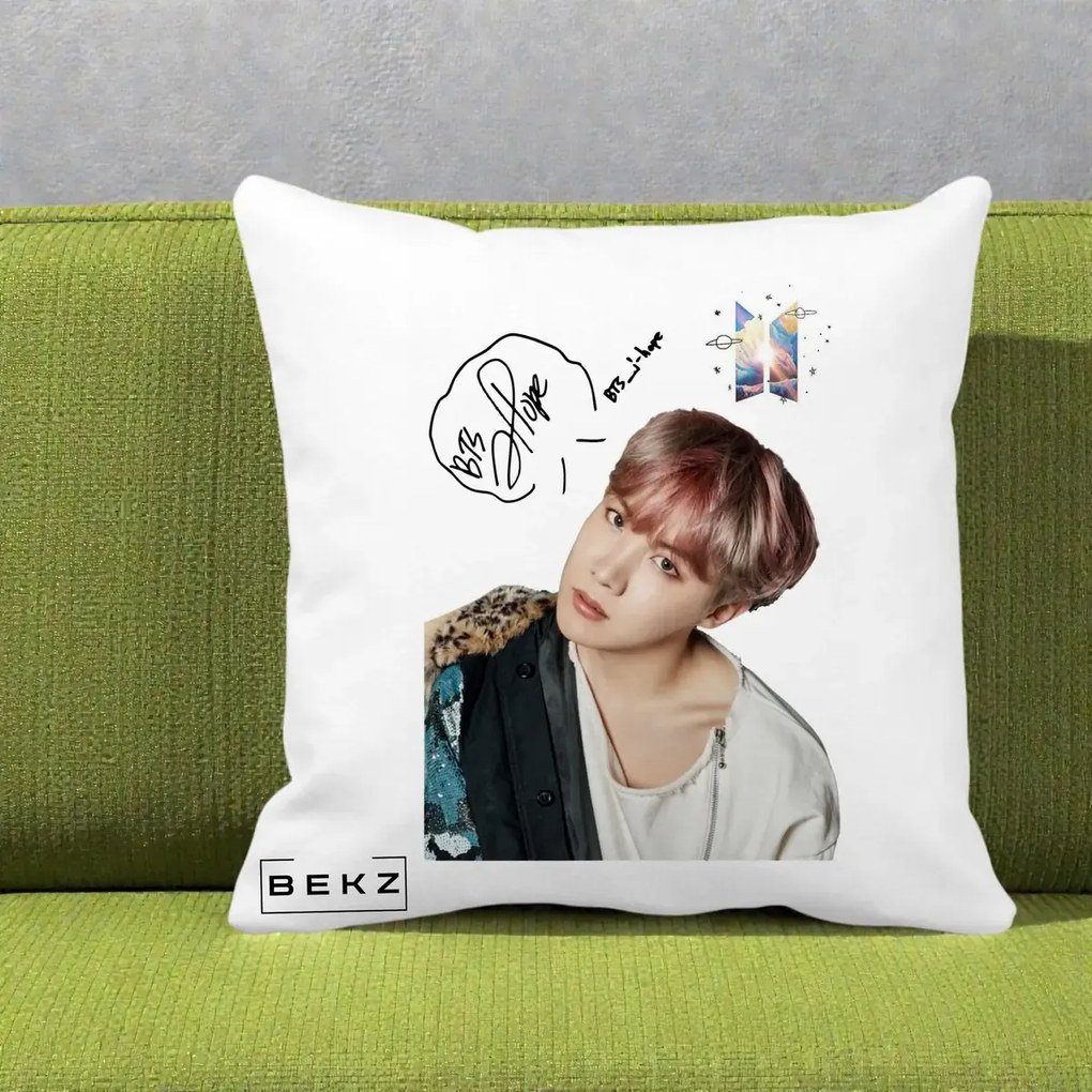 Perna Personalizata K-pop BTS J-Hope Par Roz Autograf, 40x40 cm, Alba Mata, Husa Detasabila, Perna Inclusa, BEKZ®