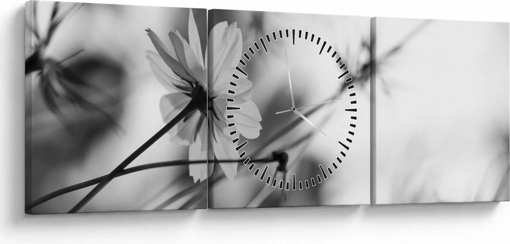 Tablou - Flori alb-negru (cu ceas) (90x30 cm)