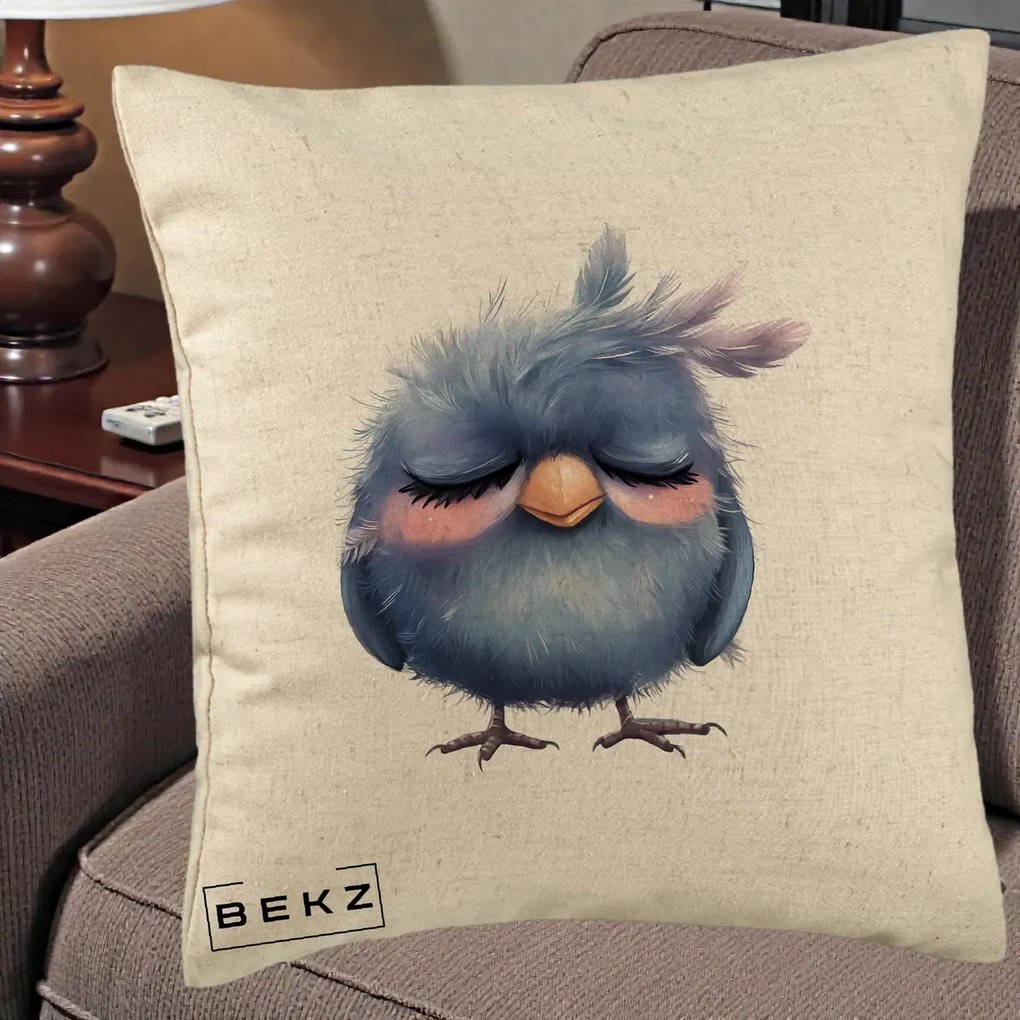 Perna Decorativa Pui Adormit Albastru, 40x40 cm, Bej, Husa Detasabila, Perna Inclusa, BEKZ®