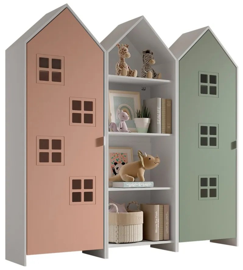 Set 3 dulapuri pentru copii Casami tip colibă de plajă – 1 deschis, 1 cu ușă Roz Confortabil și 1 cu ușă Verde Intens – Vipack