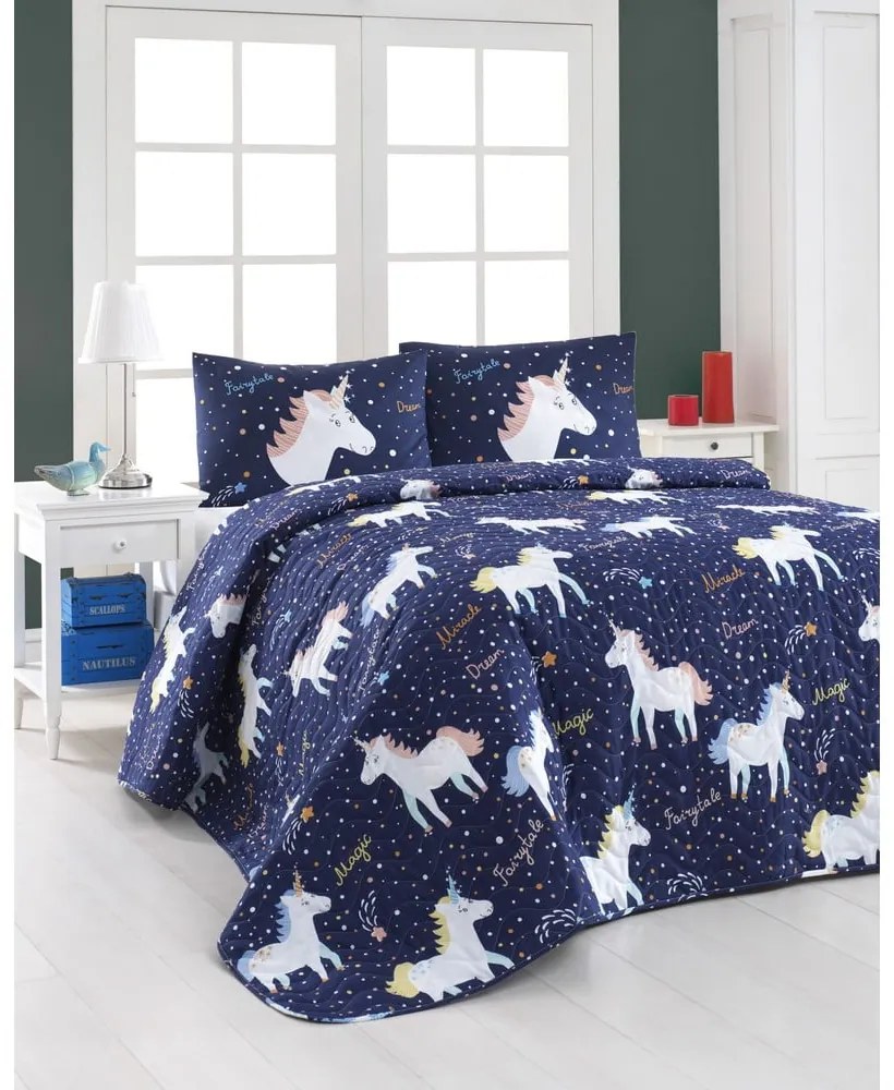 Set cuvertură matlasată și 2 fețe de pernă Eponj Home Magic Unicorn Dark Blue, 200 x 220 cm