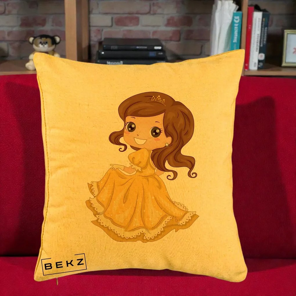 Perna Decorativa Printesa Bella Rochie Aurie, 40x40 cm, Galben, Husa Detasabila, Perna Inclusa, BEKZ®