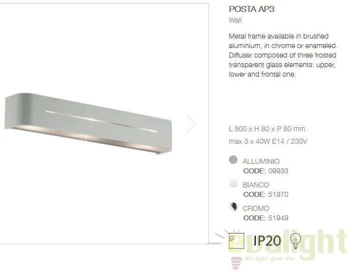 Aplica de perete moderna POSTA AP3 ALLUMINIO 009933