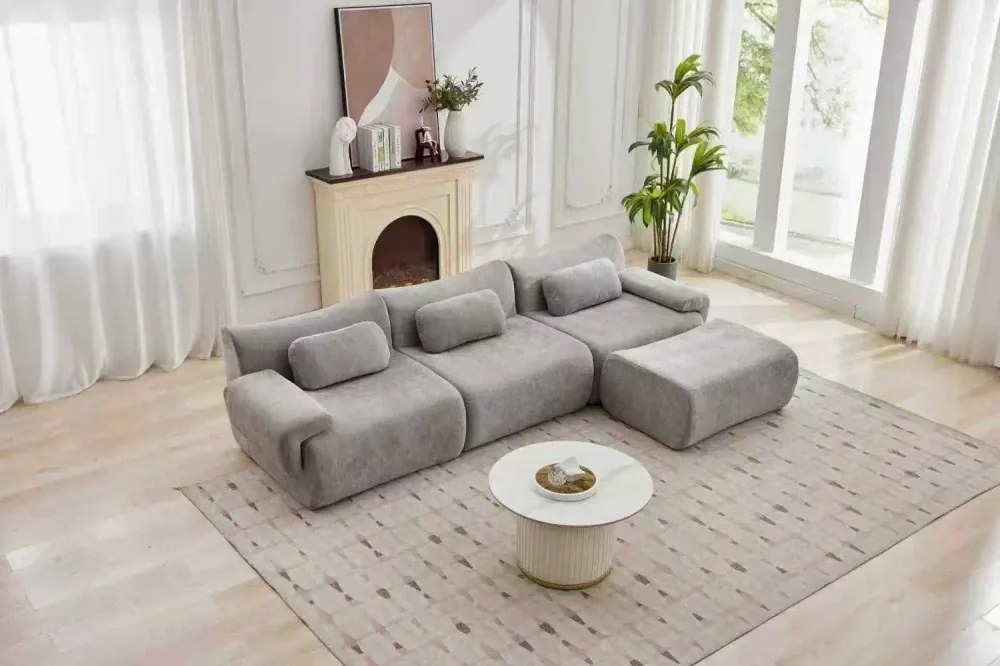 VELORA – Canapea Modulară din Chenille Premium, din spumă de înaltă densitate, L-Shape, 3 perne, Ultra Confort & Design Reconfigurabil, Gri