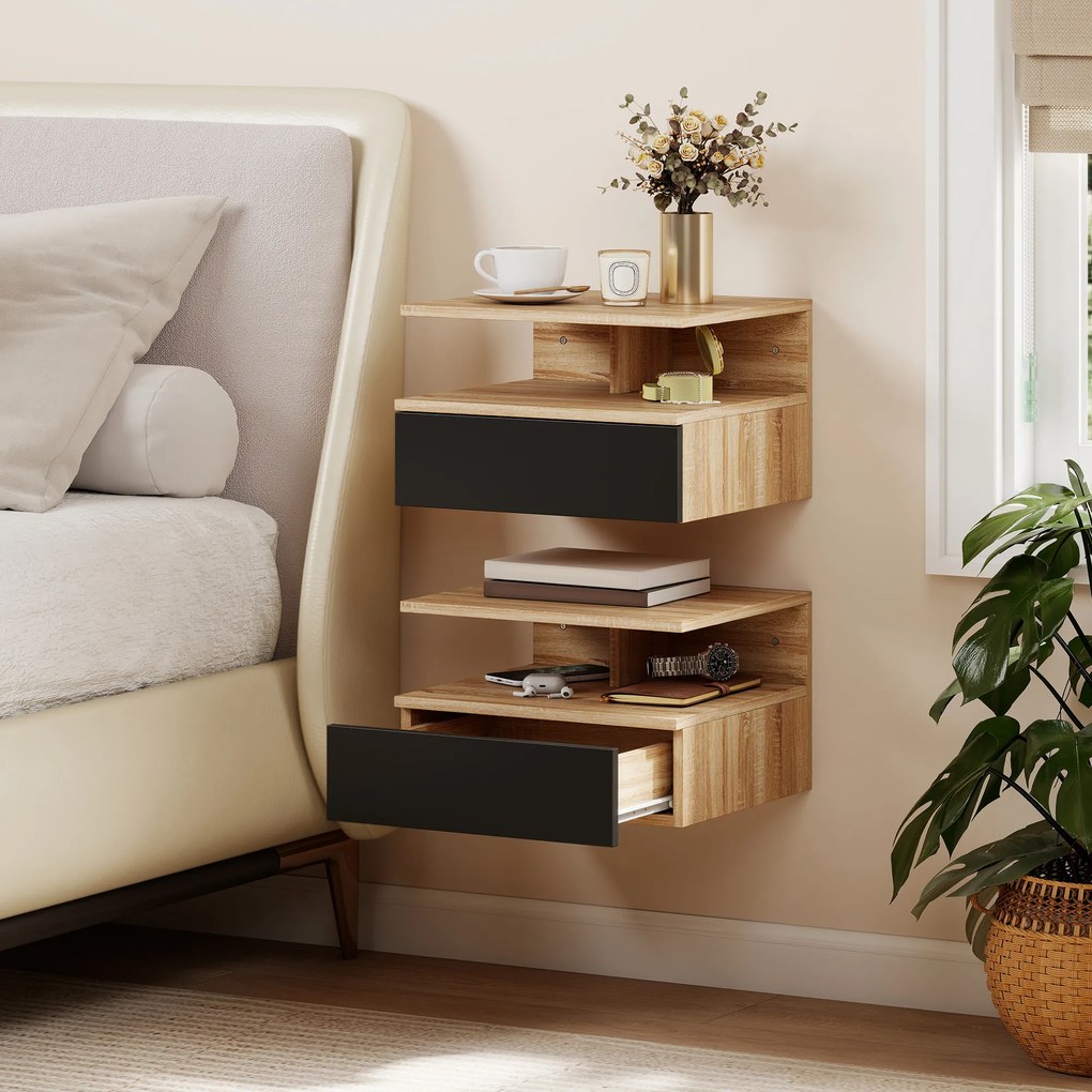 HOMCOM Set de 2 Noptiere Suspendate cu Sertar și Raft Deschis, 35x32x22.5 cm, Negru și Stejar | Aosom Romania