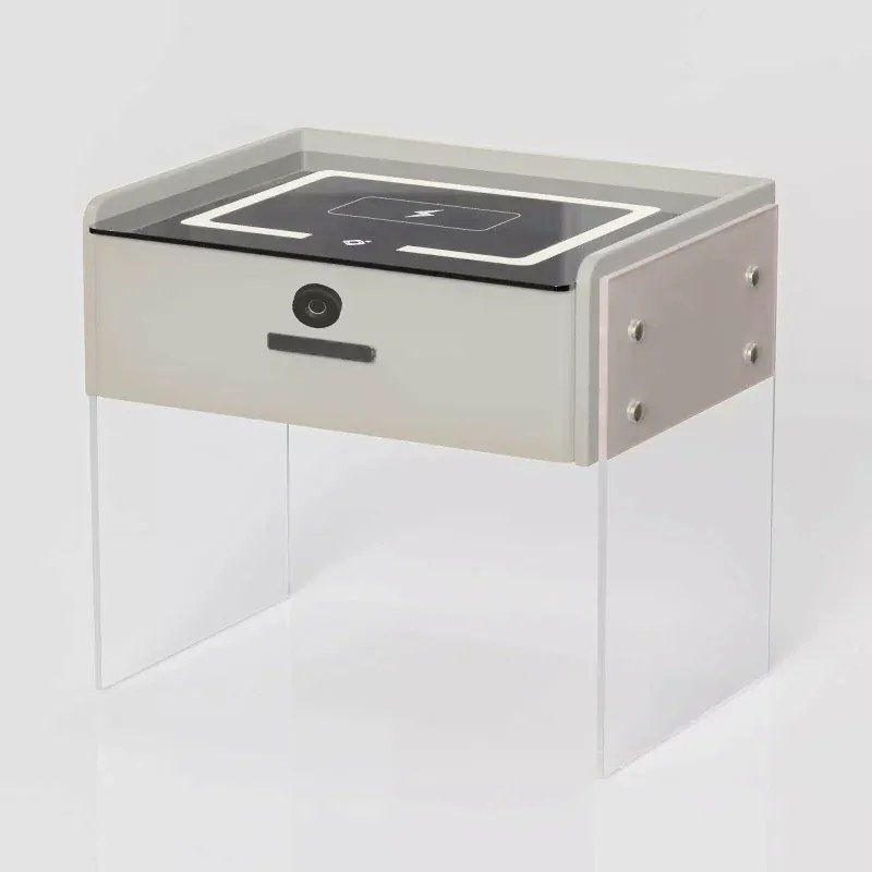 Noptieră inteligentă cu &icirc;ncărcare wireless, iluminare LED, 1 sertar de depozitare, difuzor Bluetooth și &icirc;nchidere prin amprentă &ndash; albă, design modern din sticlă și lemn