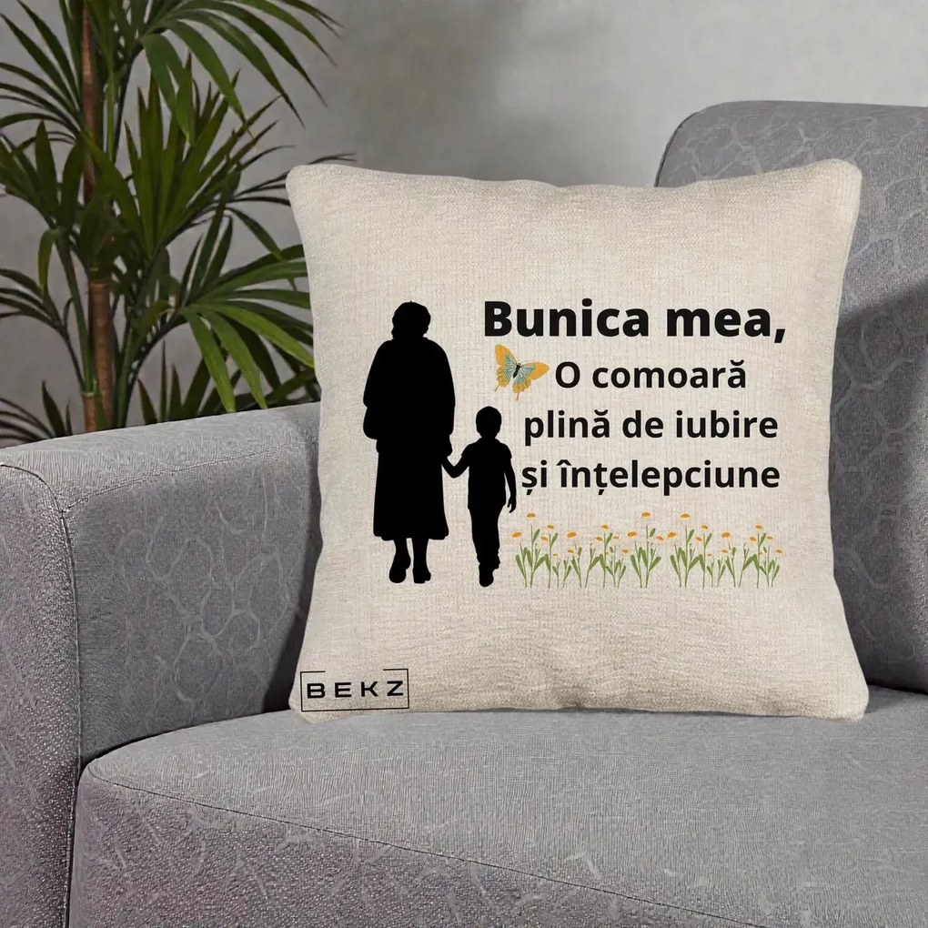 Cadou pentru Bunica - Perna Personalizata Bunica Mea Comoara cu Fluture si Baietel, 40x40 cm, Bej Canapea, Husa Detasabila, Perna Inclusa, BEKZ®